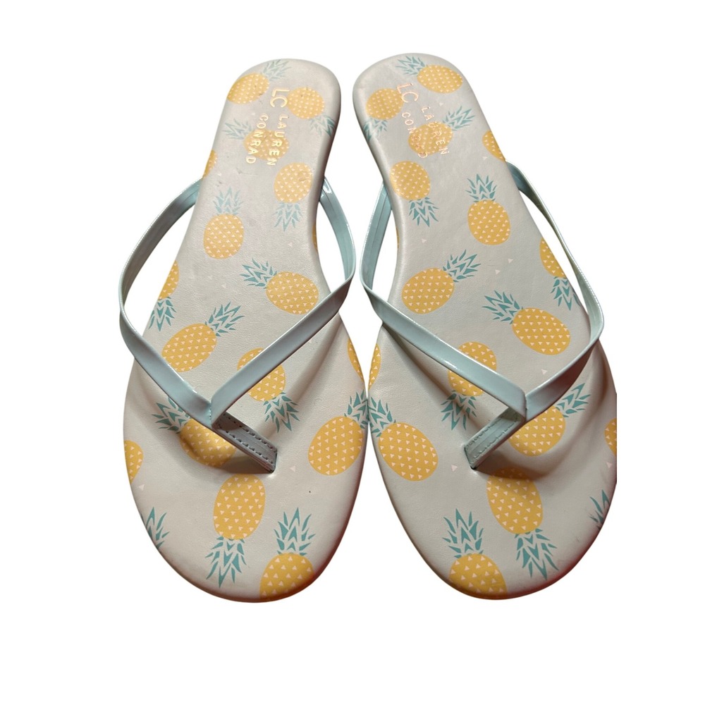LC Lauren‎ Conrad Womens 8 Flip Flops Pineapple Thong Sandals Blue Shoes